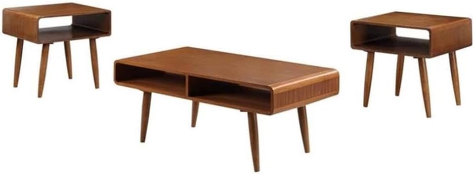 Pemberly Row Mid-Century 3-Piece Table Set, Solid Rubberwood, Rich Walnut Finish, Includes Coffee Table & 2 End Tables, Open Cubby Storage, Tapered Legs, Living Room Furniture Ensemble