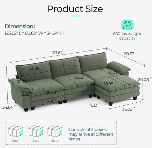 LINSY HOME 123'' Modular Sectional Sofa 3 Seat Couch Corduroy Cloud Couch with Deep Seat, Modern L-Shaped Cloud Couch with 1 Movable Ottoman for Living Room, Office, Bedroom, Green