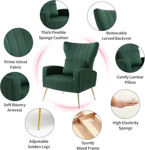 Modern Accent Chairs Set of 2, Wingback Chair with Arm & Gold Legs, Living Room Bedroom Side Chair with Lumbar Pillow, Velvet Upholstered, Channel Tufted, Green
