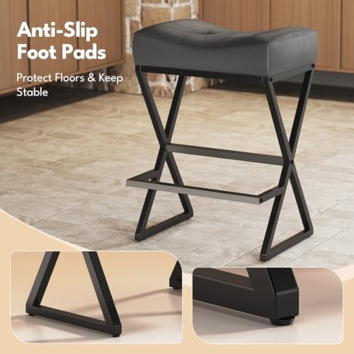 Counter Height Bar Stools Set of 2, Backless 26" Saddle Barstools, Grey | 300lb Weight Capacity, Waterproof PU Leather, Padded Saddle Seat, X-Shaped Metal Legs, Industrial, Home & Commercial Use