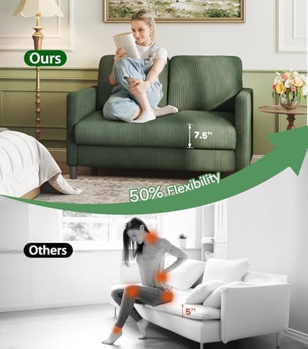 Welzona Loveseat, 51" Small Couch, Corduroy Love Seat, Small Loveseat Sofa | Comfy Corduroy Fabric, Tool-free Setup, Washable Covers, All-wood Small Sofa Couch for Living Room, Bedroom, Green