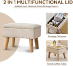 Storage Ottoman, Small Foot Stool Ottoman with Storage, Linen Foot Rest with Wood Legs, Footstool for Living Room, Bedroom, Entryway, Beige