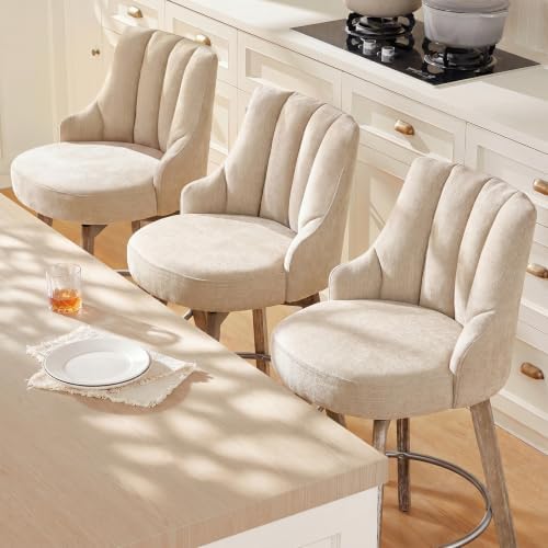 Swivel Counter Height Bar Stools,Barstools with Backs,Sand-Colored Bar Stools Set of 3,26'' Solid Wood Legs,Linen Fabric Thickened Seat Cushion Bar Stools