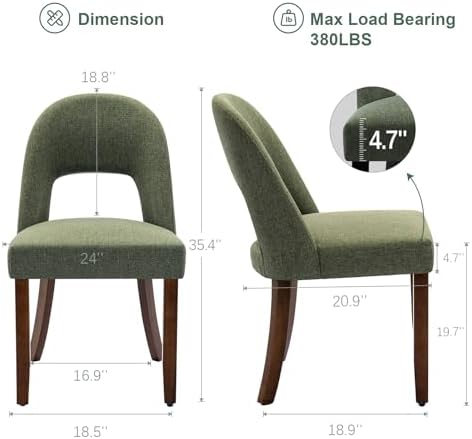 Wooden Dining Chairs Set of 4, Upholstered Kitchen Chairs with Walnut Wood Legs and Curved Linen Fabric Backrest, Modern Farmhouse Dining Room Chairs for Kitchen Dining Vanity, Green