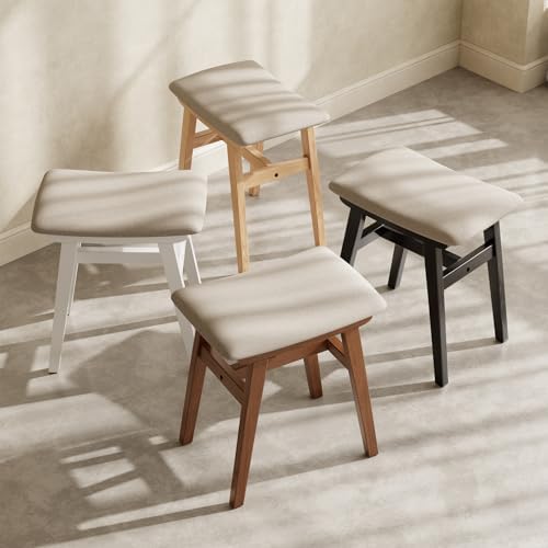 Muwuele Solid Wood Vanity Stool, Compact Makeup Chair with Saddle Cushion, Linen-Covered High Rebound Sponge Seat, Easy Assembly Footstool for Bedroom, Entryway, Home, Natural