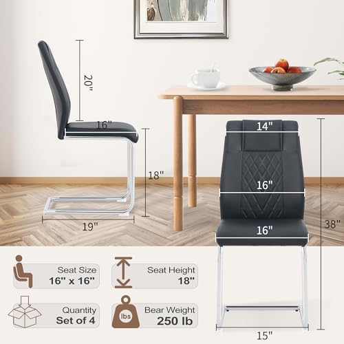 cinkehome Modern Black Dining Chairs Set of 4 with Silver Metal Legs, High Back Upholstered Armless Side Chair for Kitchen, Dining Room, Faux Leather