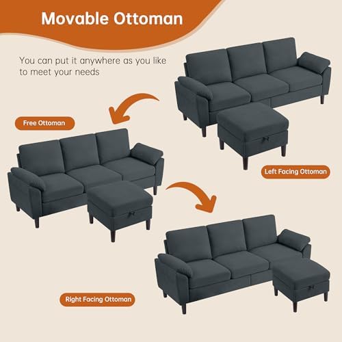 3 Pieces Sectional Sofa Set, 79" Modern L Shaped Couch & 57" Loveseat & 35" Accent Chair, Linen Upholstered Sofa Set with Movable Ottoman, Couches for Living Room, Apartment, Dark Grey