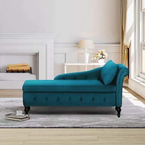 Velvet Chaise Lounge w/Right Armrest & Storage Space, Teal | Button Tufted Lounge Sofa w/Lumbar Pillow, Lounge Chair Indoor, Upholstered Chair for Bedroom, Living Room,Office