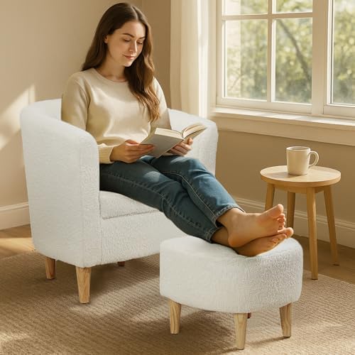 DAZONE Sherpa Accent Chair with Ottoman White Fluffy Teddy Barrel Armchair | Small Side Chair for Living Room, Bedroom, Reading Corner, Footrest, Boucle Corner Armchair, Solid Wood Legs, Soft Cushion