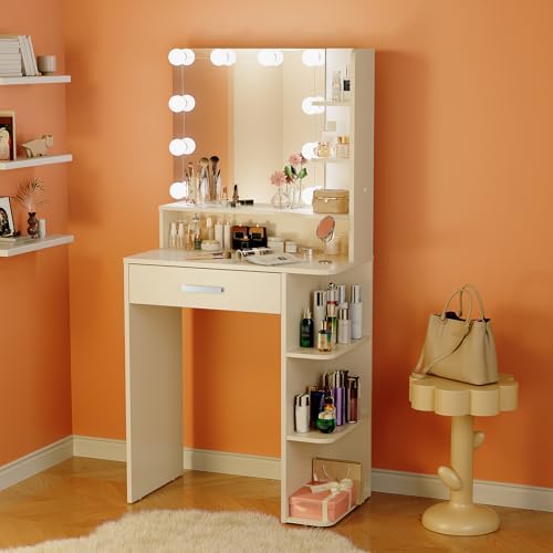 Makeup Vanity Desk with Mirror and Lights, 26.4”Small Vanity Mirror with Lights with Large Drawer and 6 Level Storage, White Vanity with Large Led Mirror with 3 Color Lighting Modes (White)