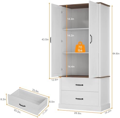 GarveeHome Kitchen Pantry Cabinet, Farmhouse Storage Cabinet with Barn Doors, Drawers and Adjustable Shelves, Versatile Storage for Kitchen, Dining Room, Rustic White