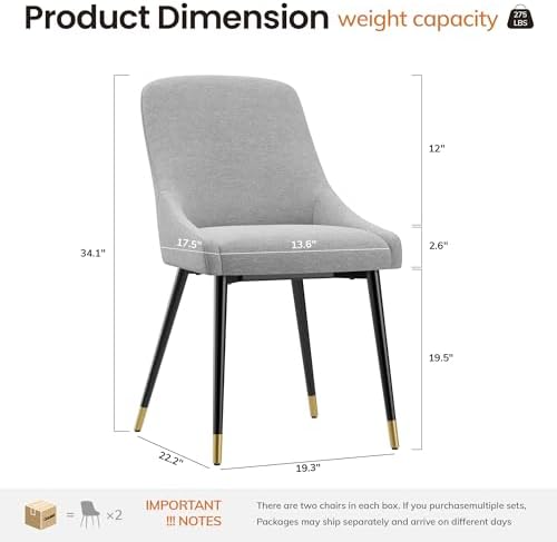 COLAMY LUMA Dining Chairs Set of 4, Upholestered Fabric Kitchen Dining Chairs with Metal Legs, Armless Accent Side Chair for Dining Room, Home, Light Gray