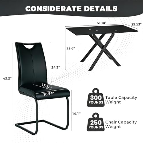 51.18" W Glass Dining Table Set for 4, Modern Rectangular Glass Kitchen Table with Black Table-top, 4 PU Leather Chairs with Black Legs, for Dining Room, Home - Dark Grey