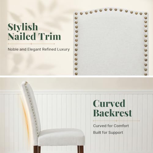 Upholstered Dining Chair Set of 4, Farmhouse Fabric Kitchen Chair | Modern, Padded Seat, Solid Wood Legs, High Back, Nailhead Trim, Living Room, Restaurant, Hotel, Beige