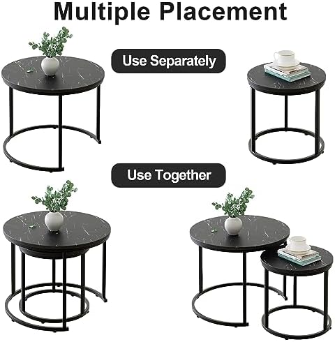 aboxoo Round Nesting Coffee Table Side Set of 2 End Tables for Living Room Bedroom Balcony,Black Faux Marble Wooden Table 23.6IN Accent Large Coffee Table with Steel Frame