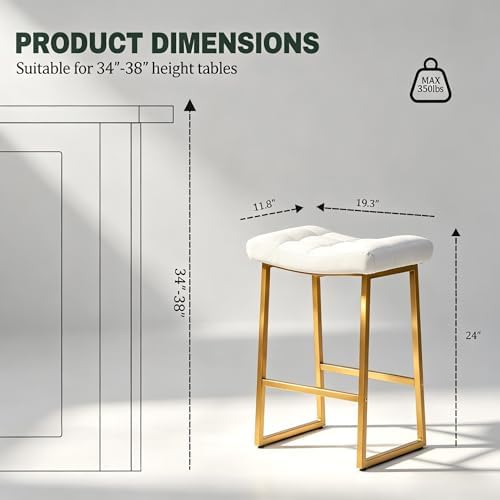 RNKSFX White & Gold Counter Height Bar Stools Set of 3 for Kitchen Counter Backless Kitchen Island Barstools with Upholstered Faux Leather Seat and Gold Base Modern 24 inch Bar Chairs No Back