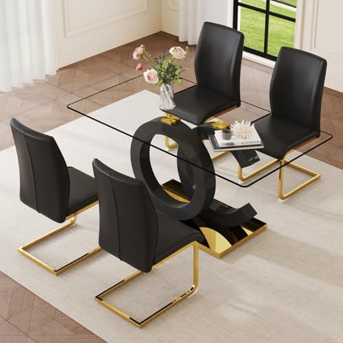 63" Glass Dining Table Set for 4, Modern Dining Table Set for 4, Tempered Glass Tabletop with Black OC-Shaped Legs and Gold Base, Black Gold Kitchen Table Set with 4 Cantilever Upholstered Chairs