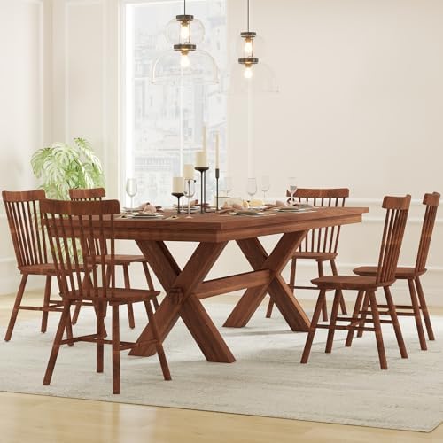 Windsor Dining Chairs Set of 2, Farmhouse Kitchen & Dining Room Chairs with Spindle Back, Comfy Armless Solid Wood Side Chair for Home/Living Room/Restaurant, Walnut Wood
