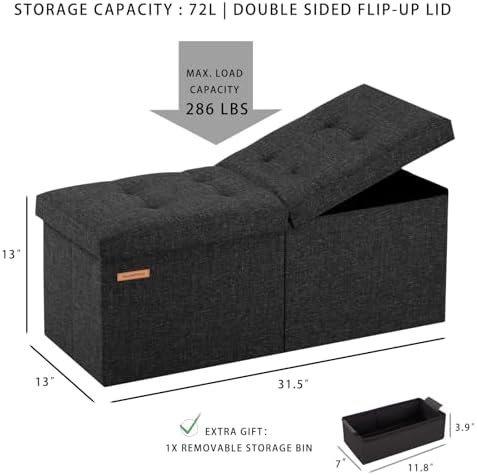 HAUSFRAU Ottoman with Storage Bench Folding Foot Rest Stool Linen Red | 31.5", Flip Lid, Small Upholstered Foldable Footrest Footstool, Bedroom Bench, Living Room Dorm Ottoman, Rectangle
