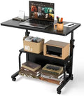 QZMDSM Portable Rolling Desk on Wheels Adjustable Height Desks for Small Spaces, 32" Computer Desk Drafting Tables with Storage Shelves for Home Office Black