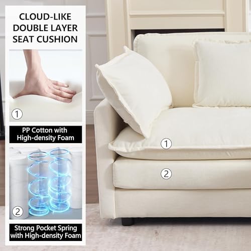 Tmsan 76.7" Beige White Cloud Couch, Small L Shape Sectional Sofa, 2 Seater | Modular Loveseat for Small Spaces Living Room Apartment, Ottoman Chaise, Comfy Chenille, Deep Seat, Modern Luxury Convertible
