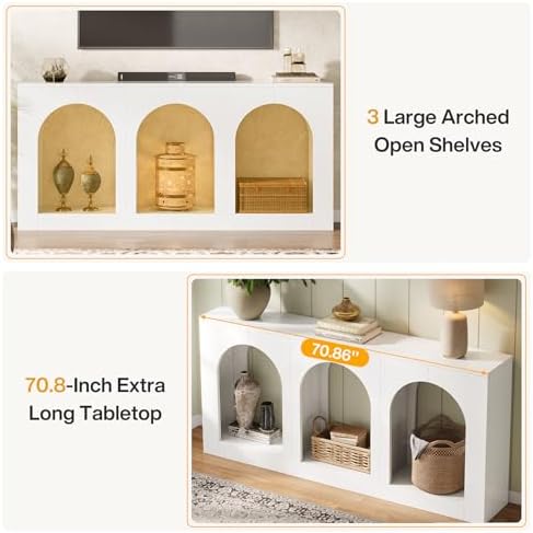 Tribesigns 70.9" White Console Table with Storage, Wood Entryway Entry Table with 3 Arched Shelves for Foyer, Hallway, Living Room, Behind Couch Sofa, Narrow Long