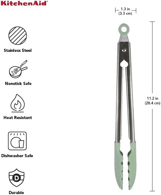 KitchenAid Gourmet Silicone-Tipped Stainless Steel Tongs, 12 Inch, Pistachio