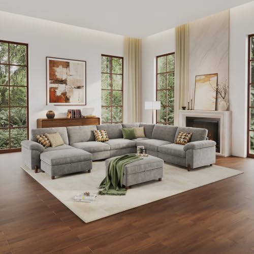 SITJOY Cloud Couch Sectional, 6 Seater V-Shaped, Chenille in Light Gray | Detachable and Washable Cover, Sectional Sofas for Living Room, Deep Seat Wide Couch with Chaise, Storage Ottoman