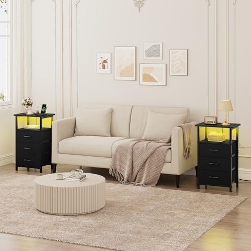 Vagusicc Night Stand Set 2 with Charging Station, LED Nightstand for Bedroom, Bedside Table with 3 Fabric Drawers, End Table Side Table with USB Ports & Outlets, Bed Side Table for Bedroom, Black