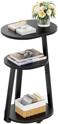 Kalrin Side Table, Small End Table with Metal Frame, 3-Tier Bedside Tables, Round Side Tables for Living Room Bedroom Couch Bathroom, Oval, Pure Black