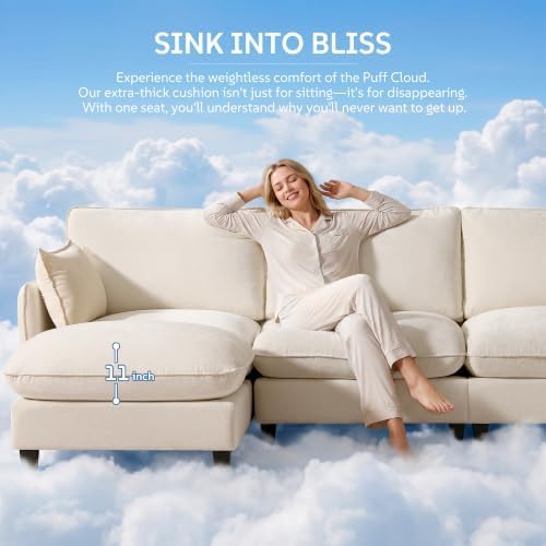 Ihanherry 139" Oversized V-Shaped Modular Sectional Couch, 9-Seater Cloud Sofa with Corner & Movable Ottoman, Large Cushions, Chenille Deep Seat Living Room Furniture Set, Beige