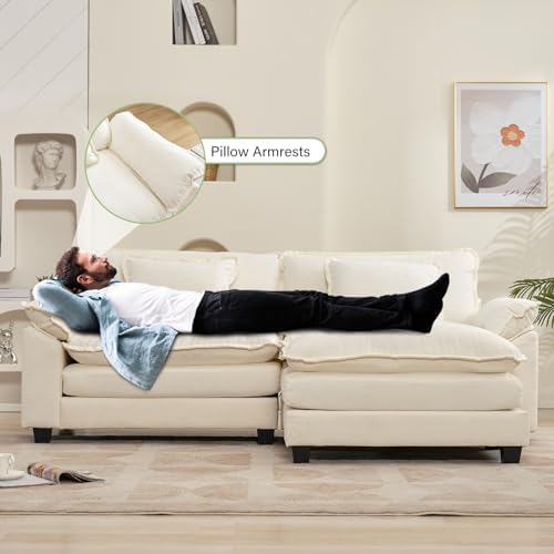 Oprisen 86" Modular Sectional Sofa, Comfy Deep Cloud Couch with Ottoman | L-Shaped Couches for Living Room, Modular Couch, Deep and Wide Seat, Chenille Sofa Sleeper with Throw Pillows, Beige White