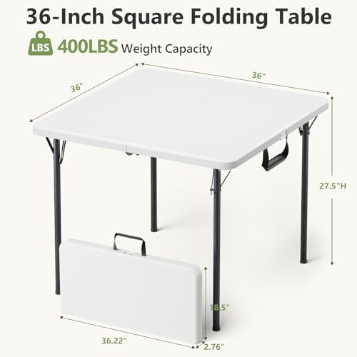 Folding Table, 36 Inch Square Foldable Card Table with Carrying Handle, Heavy Duty Fold-in-Half Portable Table No Assembly, Ideal for Picnic, Camping, RV Travel, Parties, BBQs, Crafting and Indoor Use