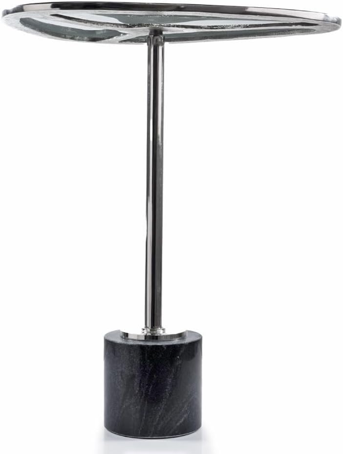 Modern Day Accents 3741 Moderna End Table, Marble and Glass Side Table with Polished Aluminum Frame, Egg-Shaped Smoked Glass Top, Entry Table, Black Marble, Contemporary End Tables, 22.25" H