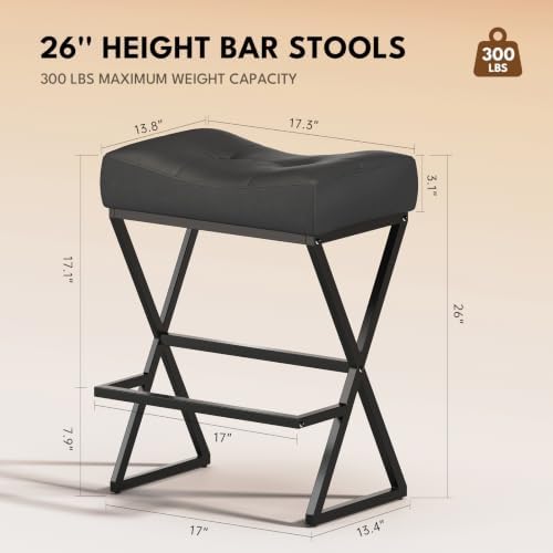 Counter Height Bar Stools Set of 2, Backless 26" Saddle Barstools, Grey | 300lb Weight Capacity, Waterproof PU Leather, Padded Saddle Seat, X-Shaped Metal Legs, Industrial, Home & Commercial Use