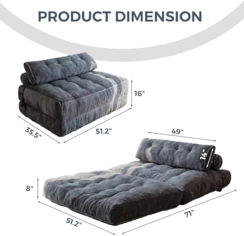 MAXYOYO Folding Sofa Bed, Convertible Chair Bed with Pillow | Foldable Couch with Back Support, Portable Fold Out Chair Comfy Floor Sofa for Living Room Bedroom, Dark Grey, Double