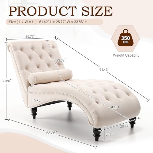 SLEERWAY Chaise Lounge Chair Indoor, Modern Velvet Upholstered Sofa with Solid Wooden Leg and Lumbar Pillow, Button Tufted Sleeper Chaise Lounge Chairs for Bedroom Living Room Office, Beige