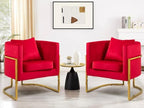 Velvet Accent Barrel Chairs Set of 2, Modern Arm Club Chair Set with Pillow for Living Room/Bedroom/Guest Reception, Channel Tufted, Gold Finish Base, Red