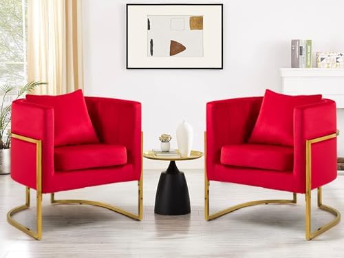 Velvet Accent Barrel Chairs Set of 2, Modern Arm Club Chair Set with Pillow for Living Room/Bedroom/Guest Reception, Channel Tufted, Gold Finish Base, Red
