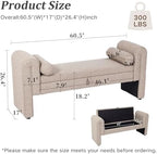 Linen Fabric Bench for Bedroom End of Bed, 60.5 inch Upholstered Linen Fabric Storage Bench Ottoman Bench with Rolled Arms, Button-Tufted Ottoman for Living Room, Entryway (Oatmeal)
