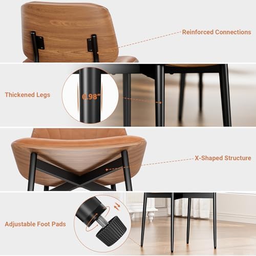 YaFiti Dining Chairs Set of 2, Mid Century Modern PU Leather Kitchen Chairs | Ergonomic Walnut Backrest, Upholstered Waterproof PU Leather Seat, Stable Metal Legs, Adjustable Footpads, Light Tan Scallop
