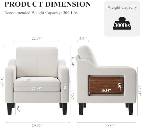 Accent Chairs Set of 2 for Living Room, Mid-Century Upholstered Armchair with Foldable Table & 2 Side Pockets, Modern Linen Wooden Sofa Chair for Bedroom & Reading Room, Beige