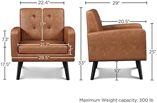 Yaheetech Mid Century Accent Chairs Set of 2 Living Room Chairs Retro Brown | Faux Leather Upholstered Sillones Para Sala, Modern Reading Nook Chairs, Button Tufted Back, Rubberwood Legs, Bedroom Office