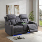 Power Reclining Sofa Set with USB Charging/LED, Blueish Grey Leather Recliner Couch with Cup Holders/Storage Console, 3 Pieces Home Theater Furniture for Living Room/Apartment/Office