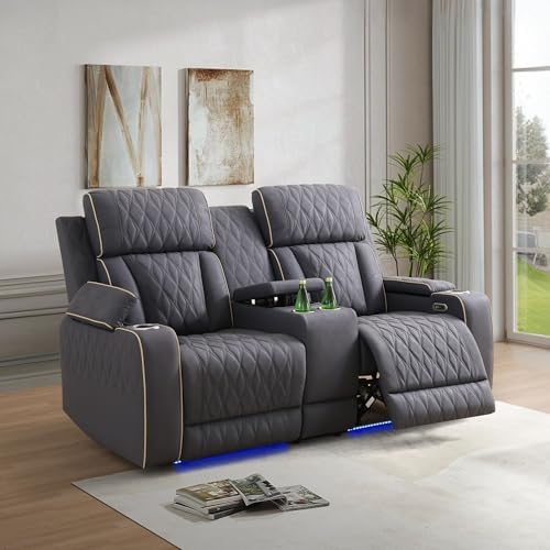 Power Reclining Sofa Set with USB Charging/LED, Blueish Grey Leather Recliner Couch with Cup Holders/Storage Console, 3 Pieces Home Theater Furniture for Living Room/Apartment/Office