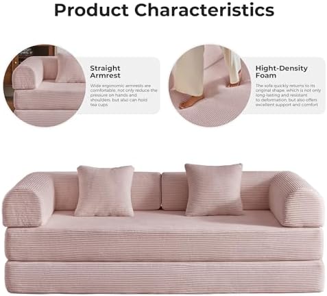 79" Convertible Sofa Bed, Couches for Living Room | Pink | Corduroy Futon Sofa Bed with Pocket Springs, Modular Sleeper Couch in a Box, No Assembly