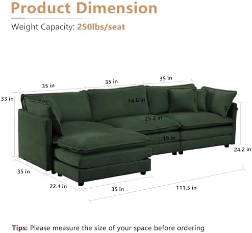 mikibama Modular Sectional Sofa, 111.5 Inch L Shaped Couch Set for Living Room, 3-Seater Comfy Cloud Couches with Movable Ottoman, DIY Combination, Chenille, Evergreen