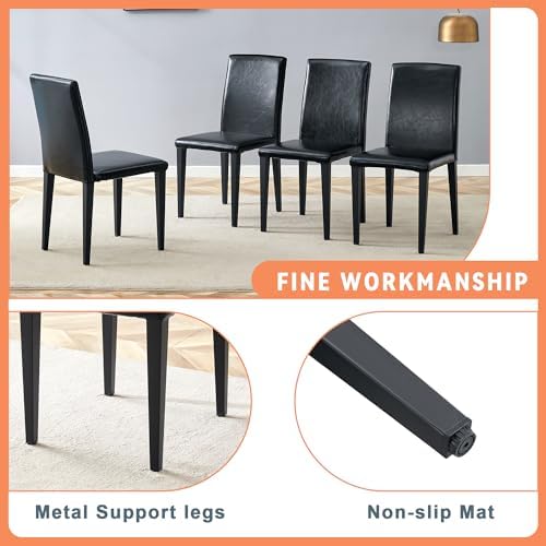 71" Dinner Table Set for 6, Modern Dining Table Set for 6, Black and White Splicing Tabletop with Storage Shelf, White Faux Marble Dining Table and 6 Black Upholstered Chairs for Kitchen, Dining Room
