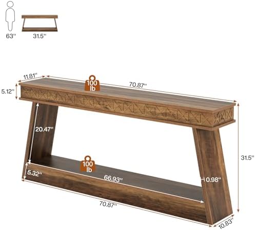 Tribesigns 70.9 Inch Extra Long Console Table for Entryway, 2-Tier | Narrow Sofa Table, Behind Couch Table, Farmhouse Entryway Table with Storage, for Living Room, Hallyway, Foyer, Rustic Brown