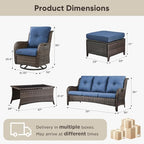 Belord Wicker Outdoor Furniture Patio Furniture Set - 6 Piece Patio Conversation Set with Swivel Rocker Chairs, Rattan Sofa, Ottomans and Coffee Table, Blue Cushion